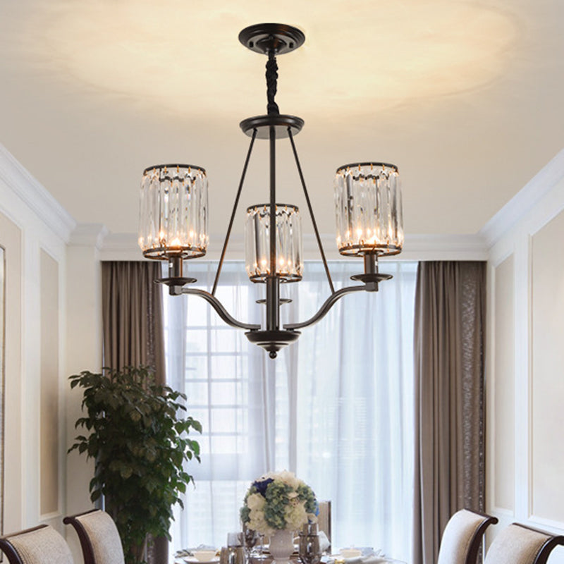 Cylinder Clear Ribbed Glass Chandelier Light Traditional 3/6 Lights Living Room Pendant Lighting in Black with Sputnik Design Clearhalo 'Ceiling Lights' 'Chandeliers' Lighting' options 210391