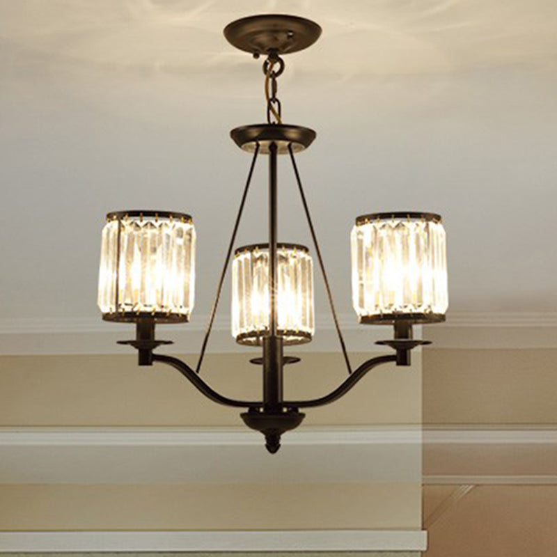 Cylinder Clear Ribbed Glass Chandelier Light Traditional 3/6 Lights Living Room Pendant Lighting in Black with Sputnik Design Clearhalo 'Ceiling Lights' 'Chandeliers' Lighting' options 210392