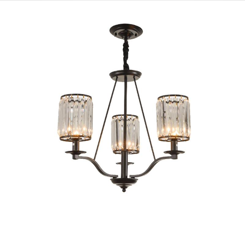 Cylinder Clear Ribbed Glass Chandelier Light Traditional 3/6 Lights Living Room Pendant Lighting in Black with Sputnik Design Clearhalo 'Ceiling Lights' 'Chandeliers' Lighting' options 210393