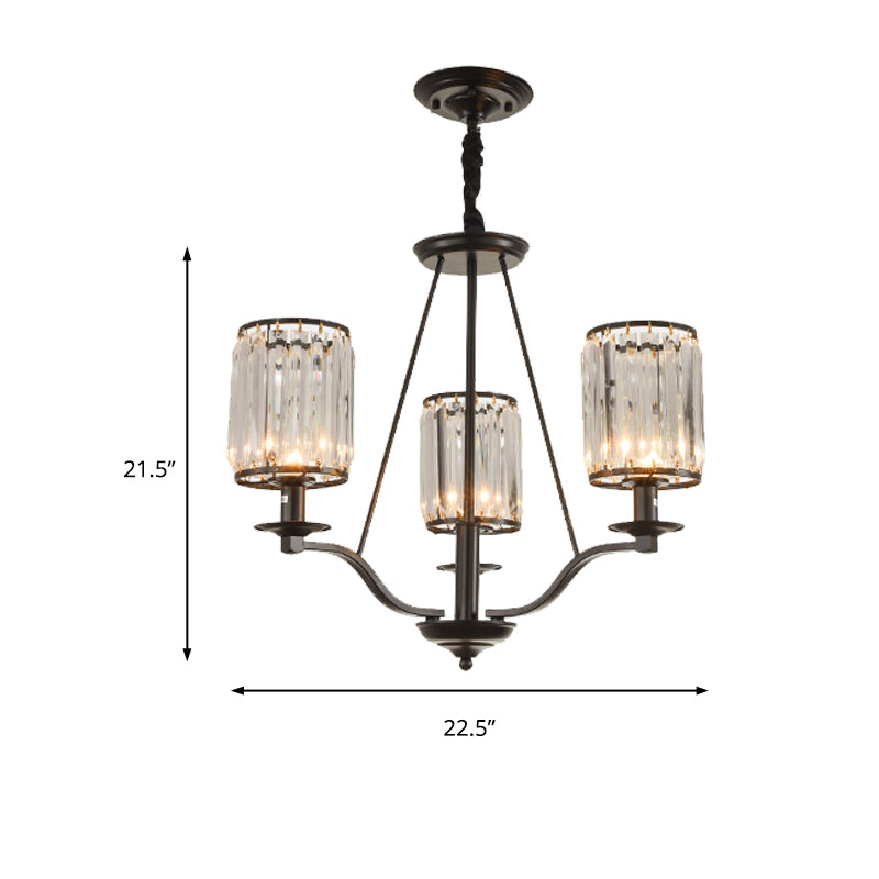 Cylinder Clear Ribbed Glass Chandelier Light Traditional 3/6 Lights Living Room Pendant Lighting in Black with Sputnik Design Clearhalo 'Ceiling Lights' 'Chandeliers' Lighting' options 210394