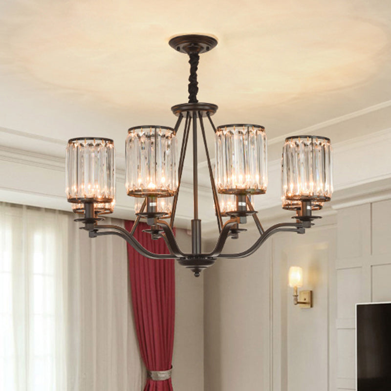 Cylinder Clear Ribbed Glass Chandelier Light Traditional 3/6 Lights Living Room Pendant Lighting in Black with Sputnik Design Clearhalo 'Ceiling Lights' 'Chandeliers' Lighting' options 210395