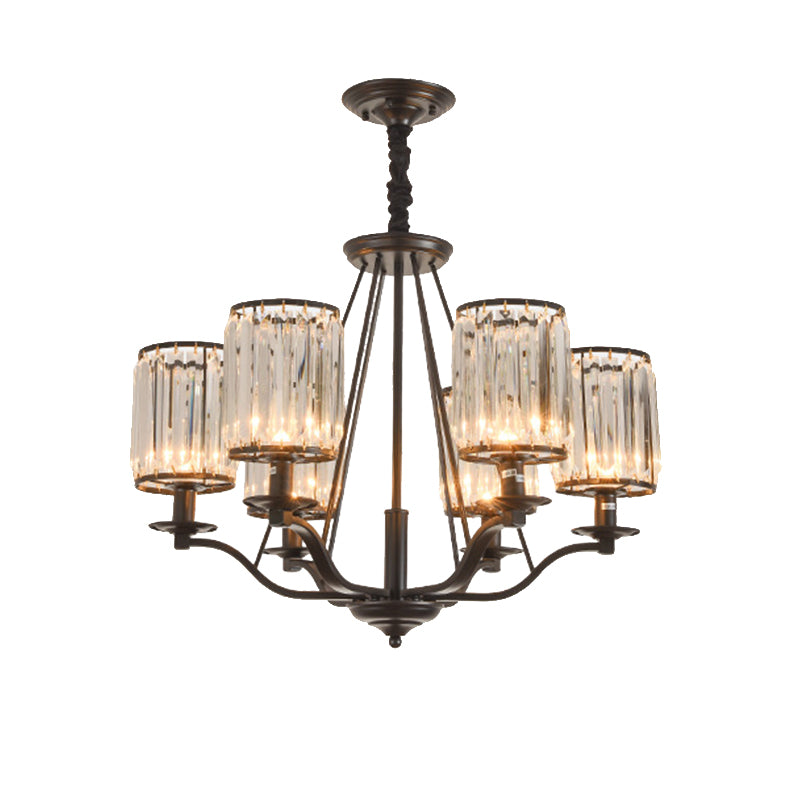 Cylinder Clear Ribbed Glass Chandelier Light Traditional 3/6 Lights Living Room Pendant Lighting in Black with Sputnik Design Clearhalo 'Ceiling Lights' 'Chandeliers' Lighting' options 210396