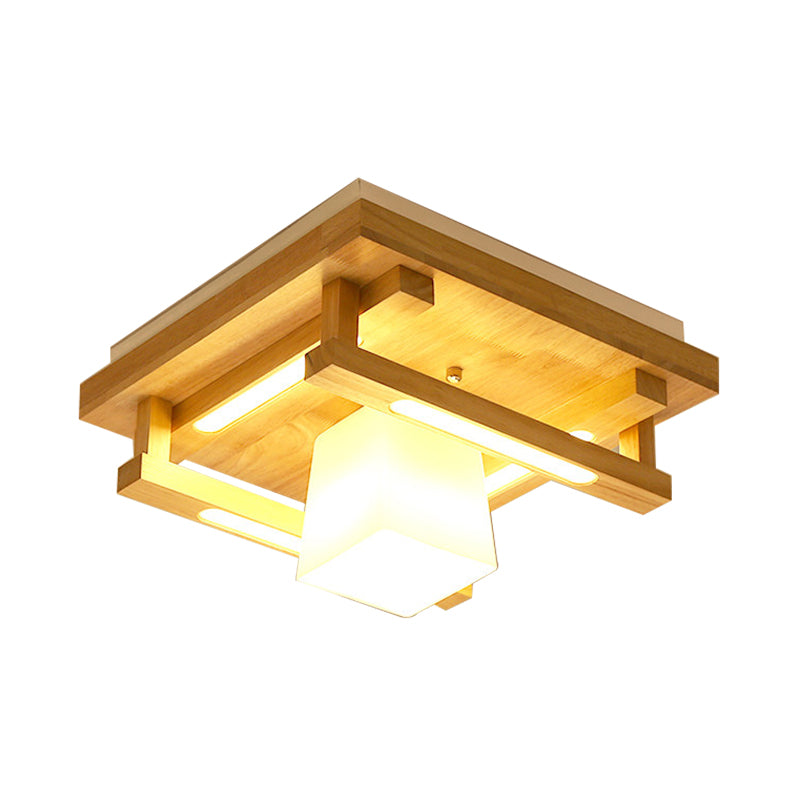 Wood Square Flush Mount Lighting Modernist 1/4/9 Lights Brown Led Flush Mount Light with White Glass Cubic Shade in White/Warm Light Clearhalo 'Ceiling Lights' 'Close To Ceiling Lights' 'Close to ceiling' 'Flush mount' Lighting' 210449