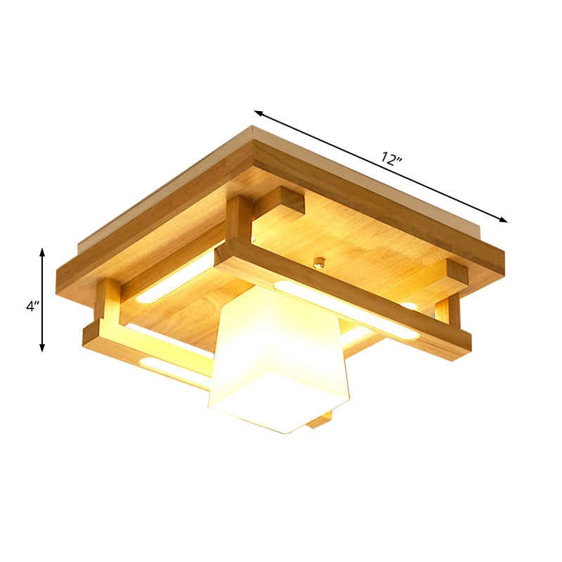 Wood Square Flush Mount Lighting Modernist 1/4/9 Lights Brown Led Flush Mount Light with White Glass Cubic Shade in White/Warm Light Clearhalo 'Ceiling Lights' 'Close To Ceiling Lights' 'Close to ceiling' 'Flush mount' Lighting' 210450