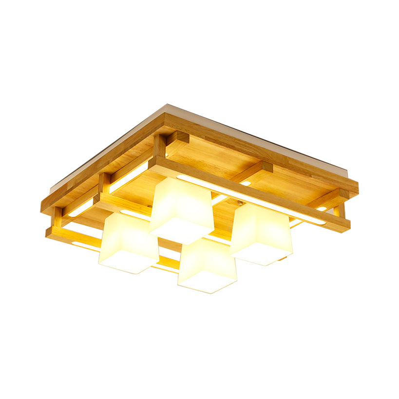 Wood Square Flush Mount Lighting Modernist 1/4/9 Lights Brown Led Flush Mount Light with White Glass Cubic Shade in White/Warm Light Clearhalo 'Ceiling Lights' 'Close To Ceiling Lights' 'Close to ceiling' 'Flush mount' Lighting' 210453