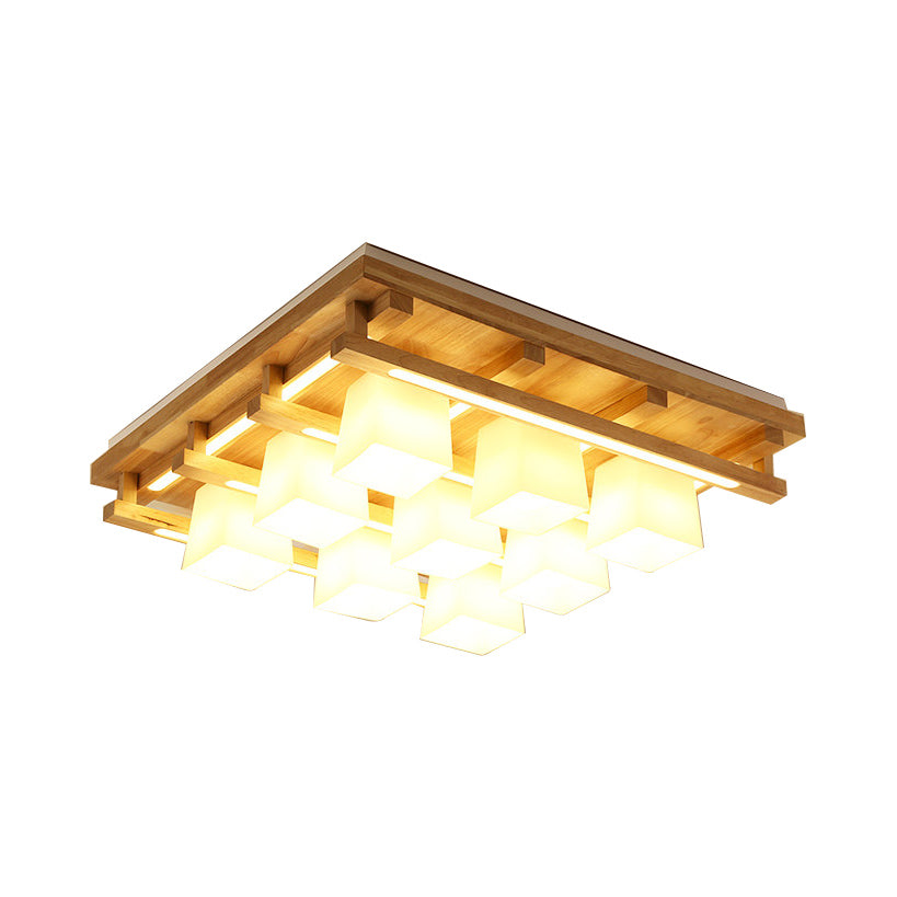 Wood Square Flush Mount Lighting Modernist 1/4/9 Lights Brown Led Flush Mount Light with White Glass Cubic Shade in White/Warm Light Clearhalo 'Ceiling Lights' 'Close To Ceiling Lights' 'Close to ceiling' 'Flush mount' Lighting' 210457