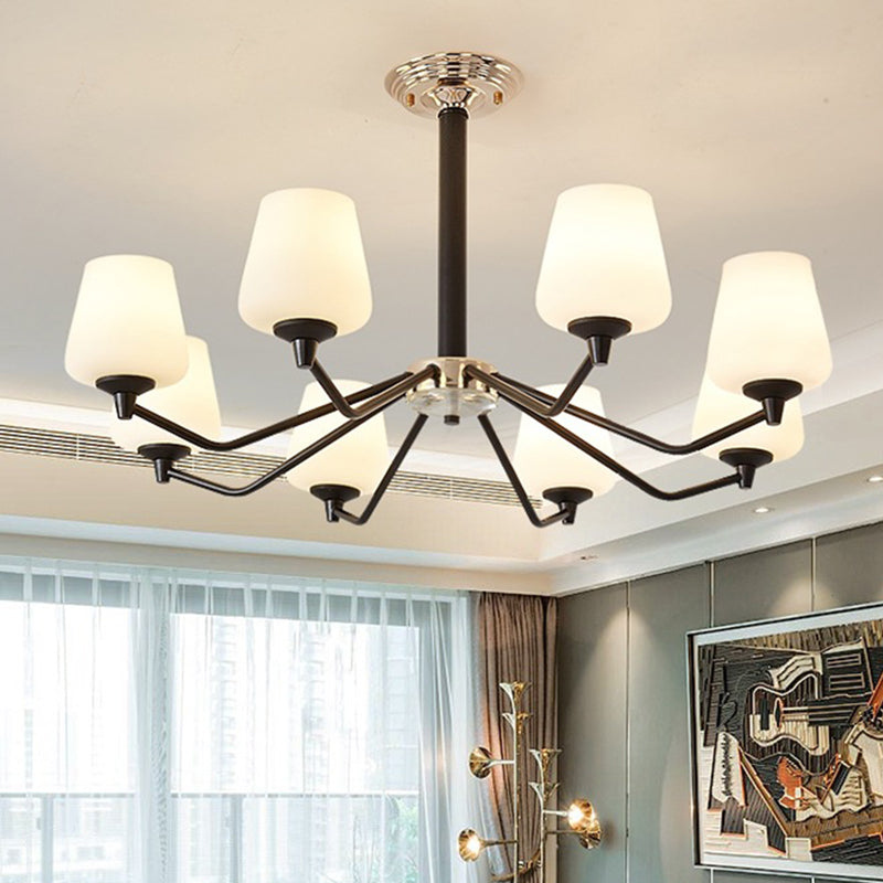 8/10 Lights Sputnik Chandelier Traditional Black Milky Glass Pendant Light Fixture with Cup Shade Clearhalo 'Ceiling Lights' 'Chandeliers' Lighting' options 210602