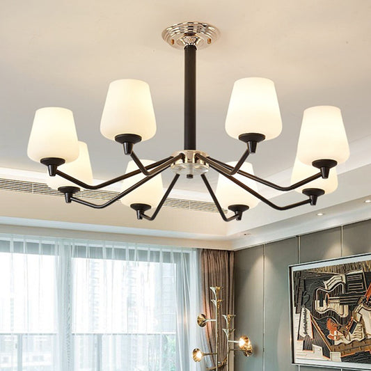 8/10 Lights Sputnik Chandelier Traditional Black Milky Glass Pendant Light Fixture with Cup Shade Clearhalo 'Ceiling Lights' 'Chandeliers' Lighting' options 210602