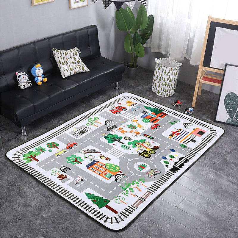 Multicolor Living Room Play Rug Cartoon City Road Animal Carpet Polypropylene Stain Resistant Washable Anti-Slip Backing Rug Grey 4'9" x 6'5" Clearhalo 'Area Rug' 'Rug' 2106152