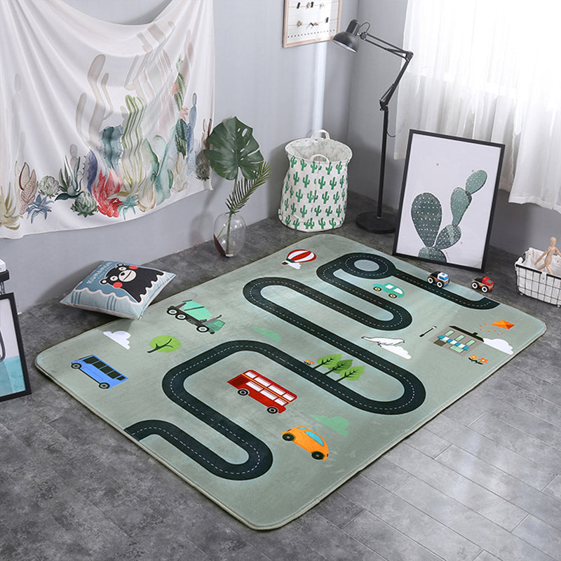 Multicolor Living Room Play Rug Cartoon City Road Animal Carpet Polypropylene Stain Resistant Washable Anti-Slip Backing Rug Green 4'9" x 6'5" Clearhalo 'Area Rug' 'Rug' 2106157