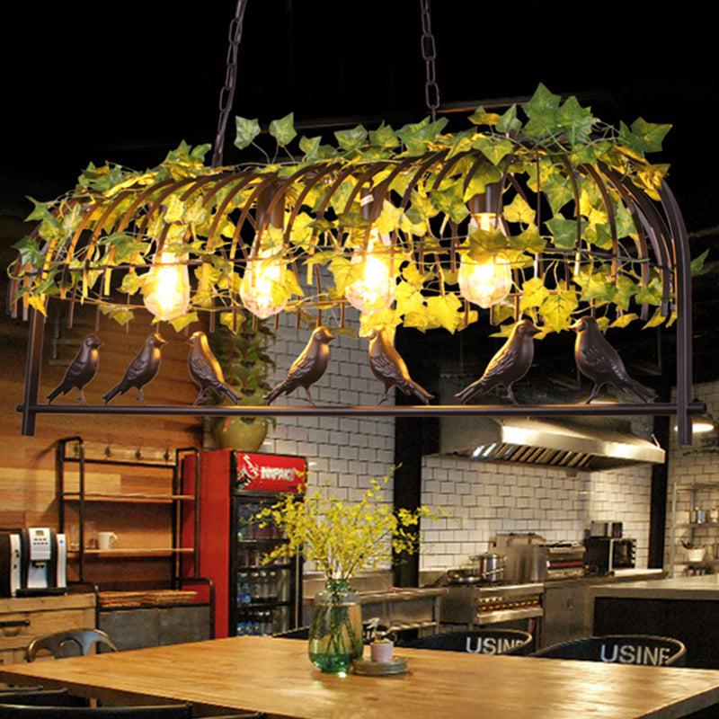 4-Light Caged Island Light Industrial Black Metal Pendant Lighting for Dining Room with Bird Black Clearhalo 'Ceiling Lights' 'Island Lights' Lighting' 210637