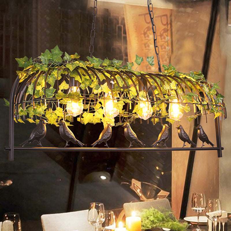 4-Light Caged Island Light Industrial Black Metal Pendant Lighting for Dining Room with Bird Clearhalo 'Ceiling Lights' 'Island Lights' Lighting' 210638