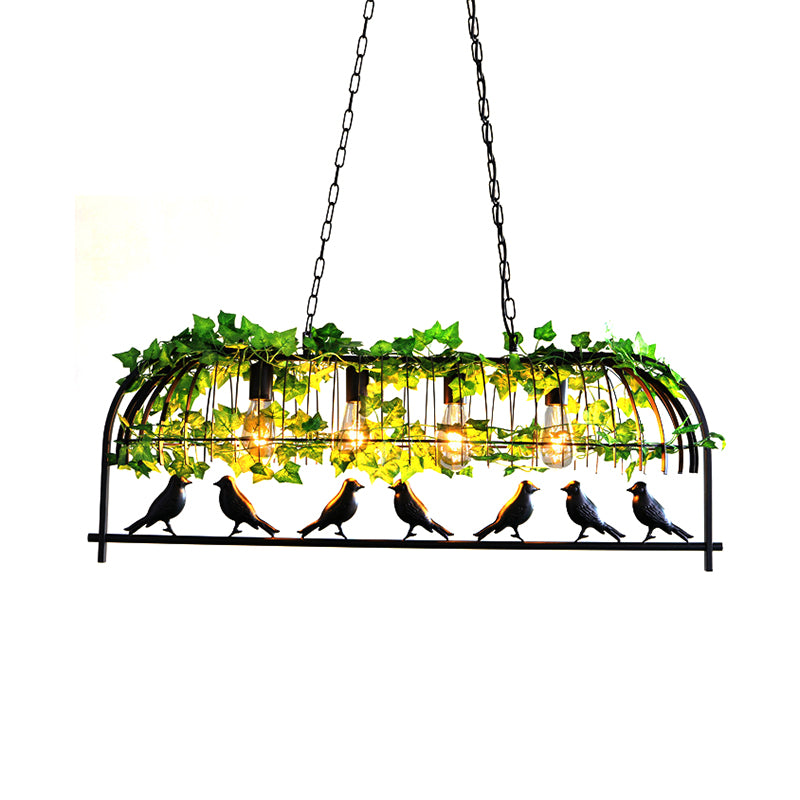 4-Light Caged Island Light Industrial Black Metal Pendant Lighting for Dining Room with Bird Clearhalo 'Ceiling Lights' 'Island Lights' Lighting' 210639