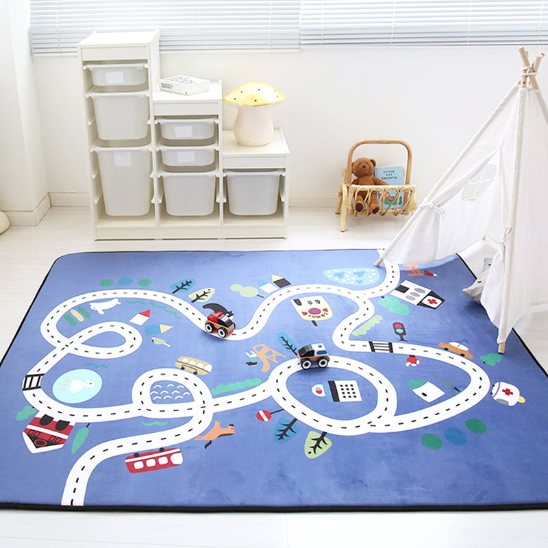 Educational Traffic Play Rug Multicolor Kids Rug Cotton Machine Washable Anti-Slip Backing Pet Friendly Carpet for Boys Room Blue 4'11" x 6'7" Clearhalo 'Area Rug' 'Rug' 2106483