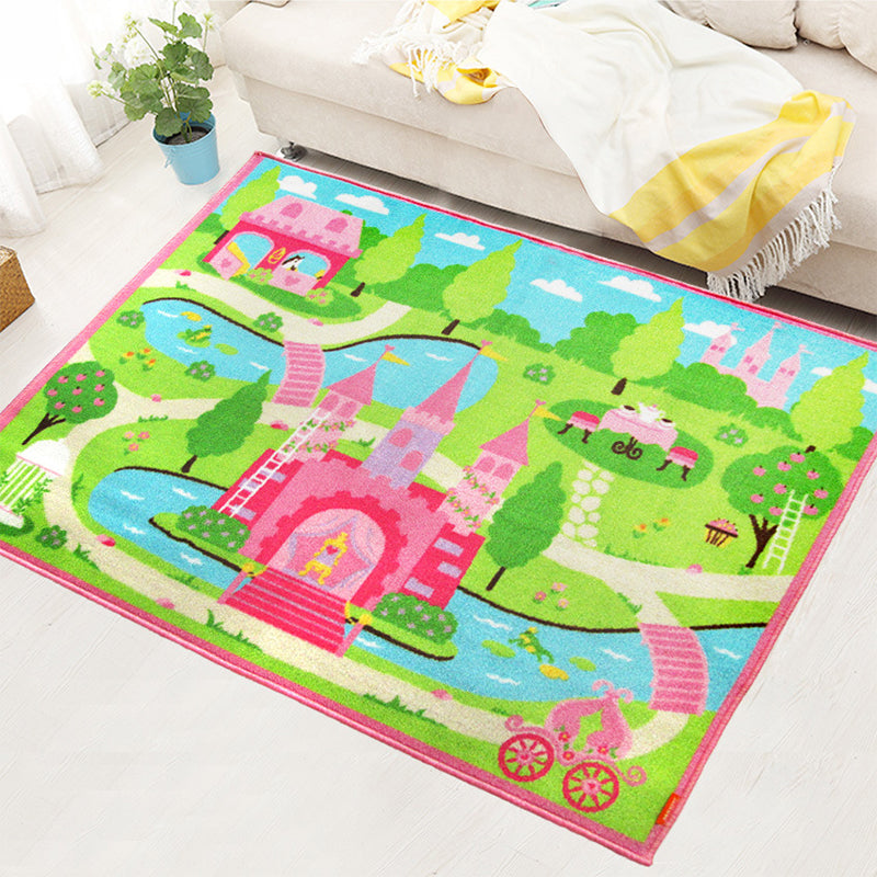 Cute Castle Landscape Print Rug Pink Cartoon Area Carpet Synthetics Stain Resistant Anti-Slip Backing Washable Rug for Kids Room Pink Clearhalo 'Area Rug' 'Rug' 2106540