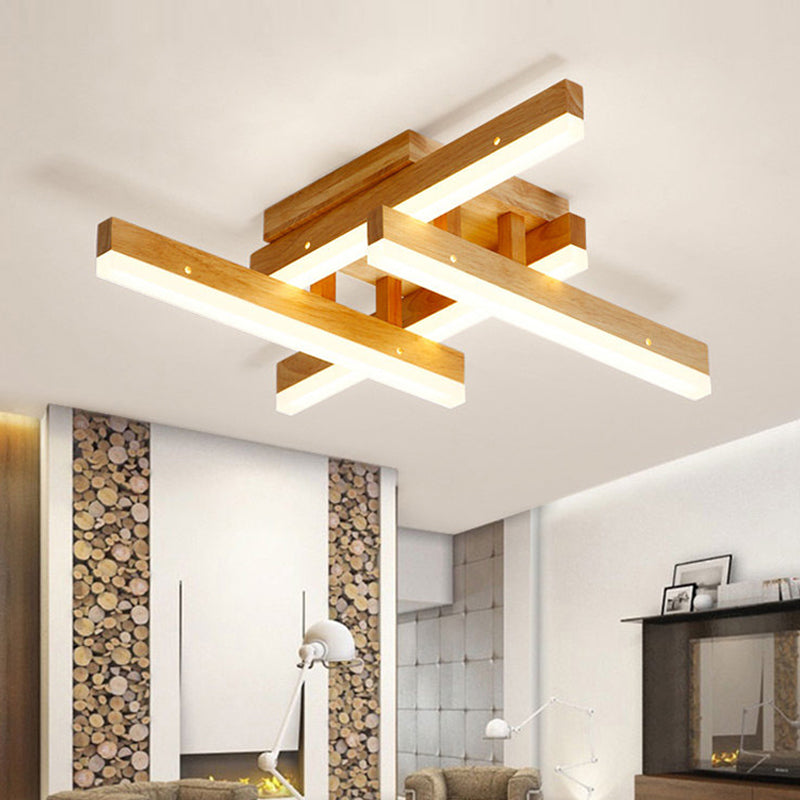 Linear Wood Semi Flush Mount Modern 4 Lights Led Beige Semi Flush Ceiling Light Fixture in White/Warm Light, 21.5"/29" Wide Wood Clearhalo 'Ceiling Lights' 'Close To Ceiling Lights' 'Close to ceiling' 'Semi-flushmount' Lighting' 210669