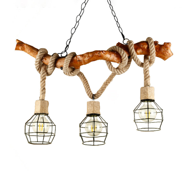 3-Light Caged Bubble Island Lamp Industrial Beige Metal and Rope Pendant Light Fixture Clearhalo 'Ceiling Lights' 'Island Lights' Lighting' 210715