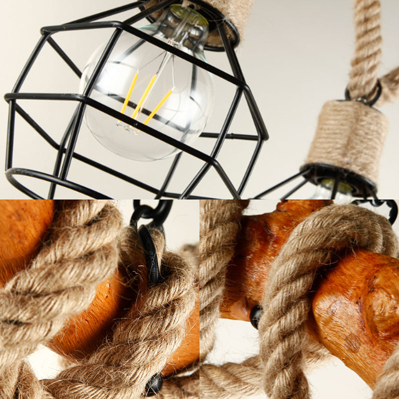 3-Light Caged Bubble Island Lamp Industrial Beige Metal and Rope Pendant Light Fixture Clearhalo 'Ceiling Lights' 'Island Lights' Lighting' 210717