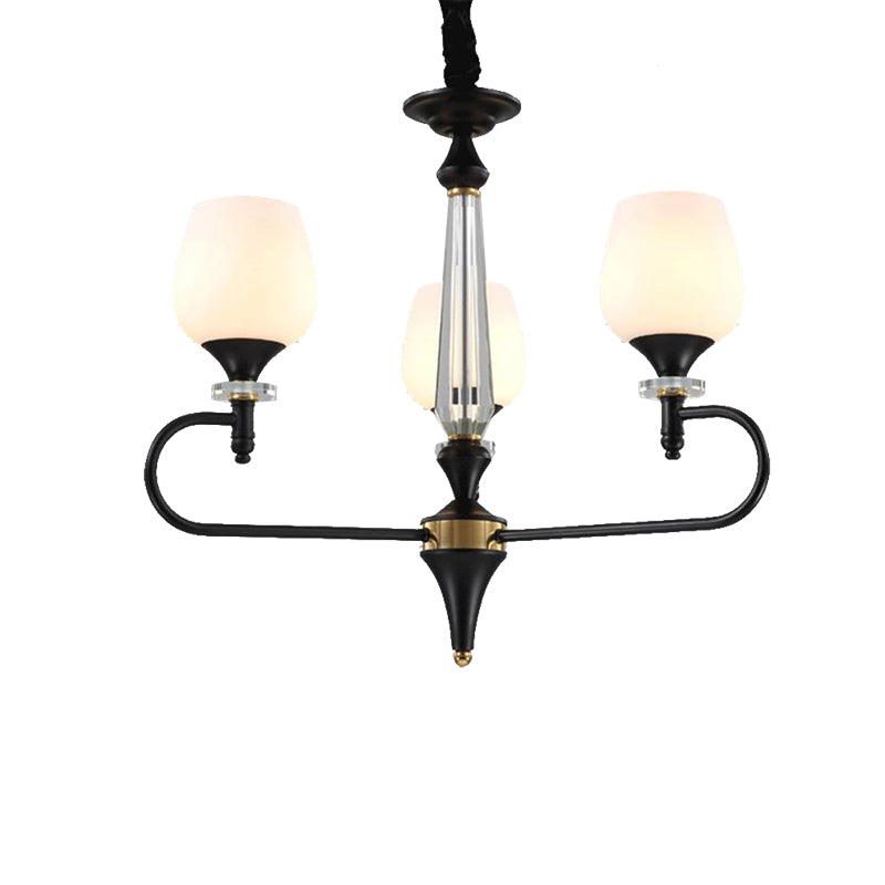 3/6 Lights Opal Glass Hanging Chandelier Traditional Matte Black Cone Living Room Pendant Light Fixture Clearhalo 'Ceiling Lights' 'Chandeliers' Lighting' options 210720