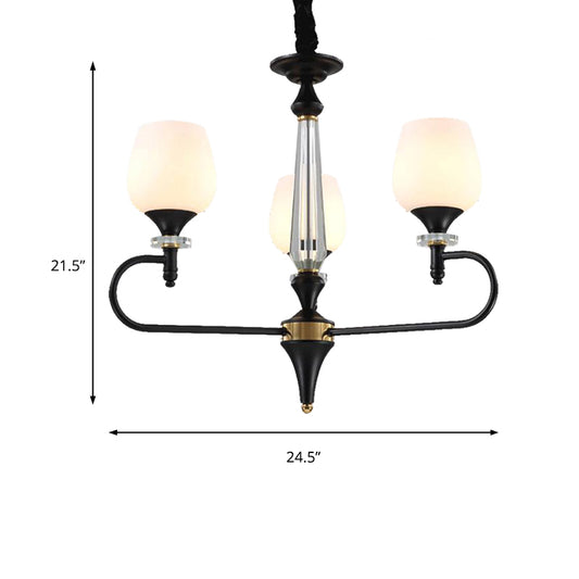 3/6 Lights Opal Glass Hanging Chandelier Traditional Matte Black Cone Living Room Pendant Light Fixture Clearhalo 'Ceiling Lights' 'Chandeliers' Lighting' options 210721