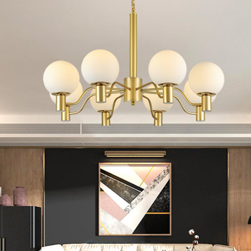 6 Lights Frosted Glass Pendant Chandelier Traditional Brass Globe Living Room Hanging Ceiling Fixture Clearhalo 'Ceiling Lights' 'Chandeliers' Lighting' options 210730