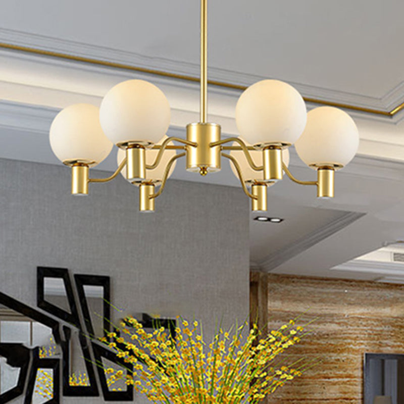 6 Lights Frosted Glass Pendant Chandelier Traditional Brass Globe Living Room Hanging Ceiling Fixture Clearhalo 'Ceiling Lights' 'Chandeliers' Lighting' options 210731