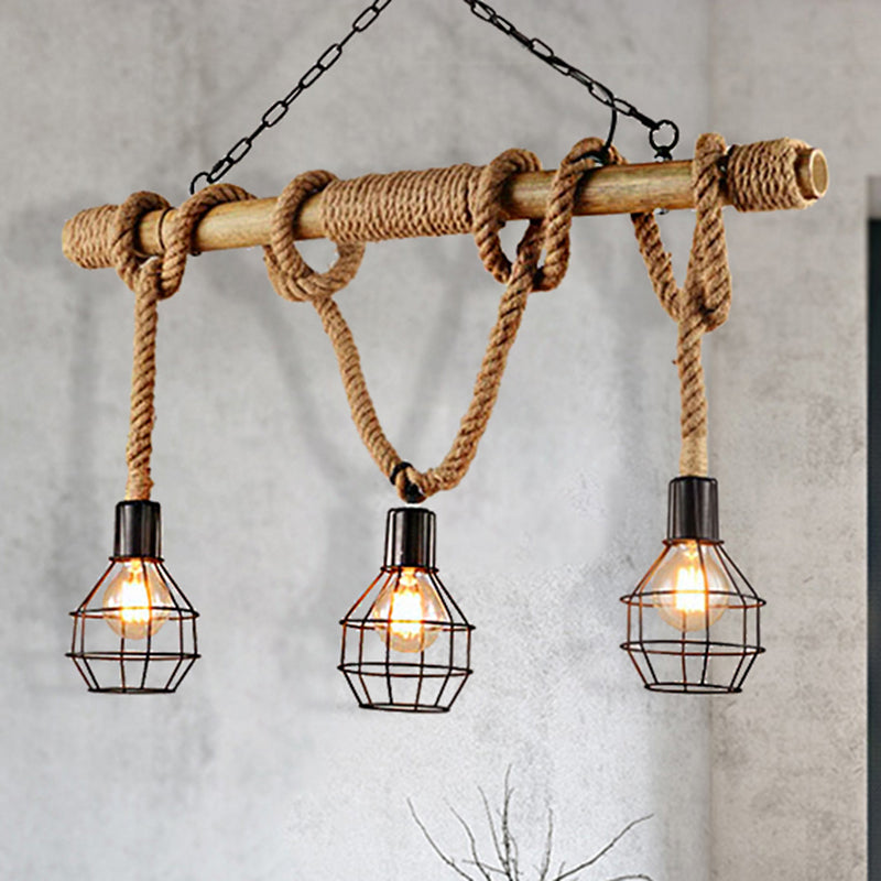 Black Globe Island Light Fixture Vintage Metal 3 Lights Dining Room Hanging Lamp with Cage Clearhalo 'Ceiling Lights' 'Island Lights' Lighting' 210736