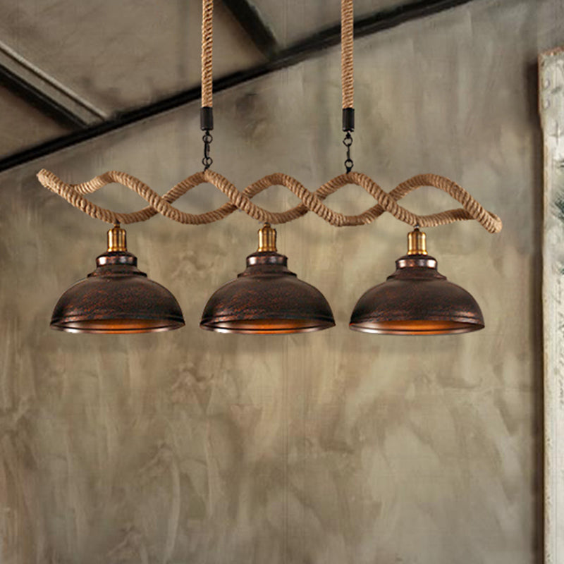 Dome Kitchen Island Pendant Light Industrial Metal and Rope 3 Lights Rust Hanging Lamp Kit Rust Clearhalo 'Ceiling Lights' 'Island Lights' Lighting' 210764