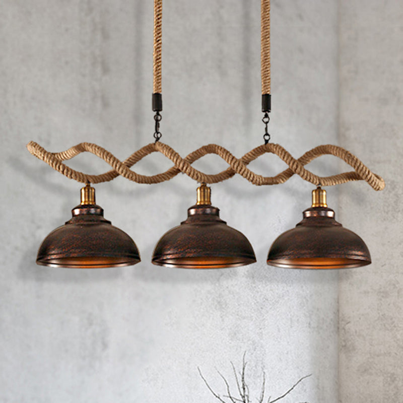 Dome Kitchen Island Pendant Light Industrial Metal and Rope 3 Lights Rust Hanging Lamp Kit Clearhalo 'Ceiling Lights' 'Island Lights' Lighting' 210765