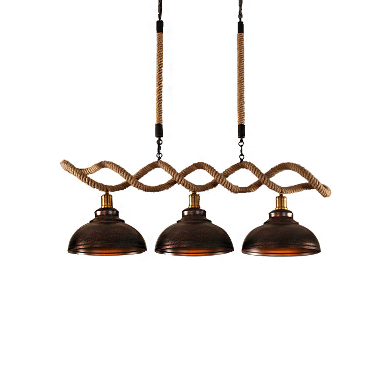 Dome Kitchen Island Pendant Light Industrial Metal and Rope 3 Lights Rust Hanging Lamp Kit Clearhalo 'Ceiling Lights' 'Island Lights' Lighting' 210766