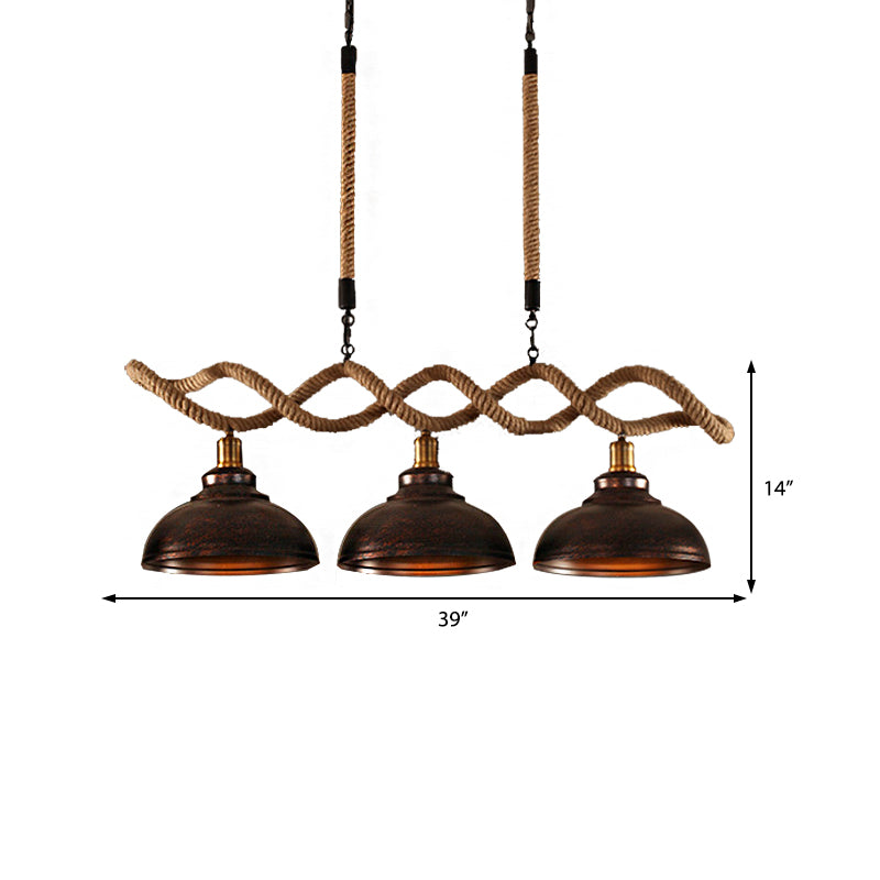 Dome Kitchen Island Pendant Light Industrial Metal and Rope 3 Lights Rust Hanging Lamp Kit Clearhalo 'Ceiling Lights' 'Island Lights' Lighting' 210767