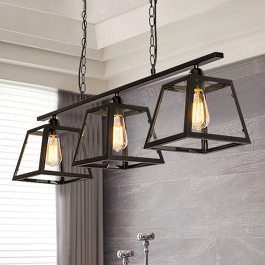 Black 3-Light Island Light Fixture Industrial Clear Glass Trapezoid Pendant Lighting with Chain Black Clearhalo 'Ceiling Lights' 'Chandeliers' 'Glass shade' 'Glass' 'Island Lights' Lighting' 210769