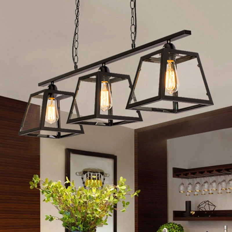 Black 3-Light Island Light Fixture Industrial Clear Glass Trapezoid Pendant Lighting with Chain Clearhalo 'Ceiling Lights' 'Chandeliers' 'Glass shade' 'Glass' 'Island Lights' Lighting' 210770