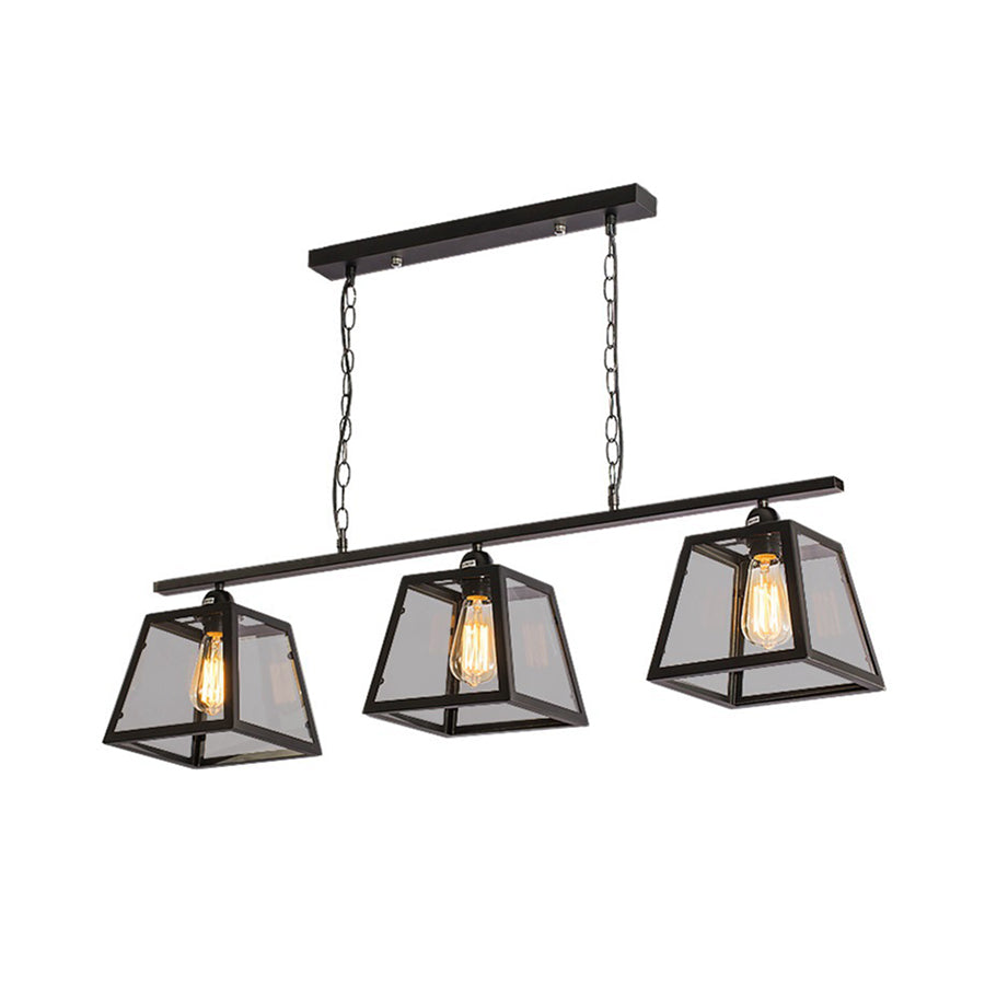 Black 3-Light Island Light Fixture Industrial Clear Glass Trapezoid Pendant Lighting with Chain Clearhalo 'Ceiling Lights' 'Chandeliers' 'Glass shade' 'Glass' 'Island Lights' Lighting' 210771