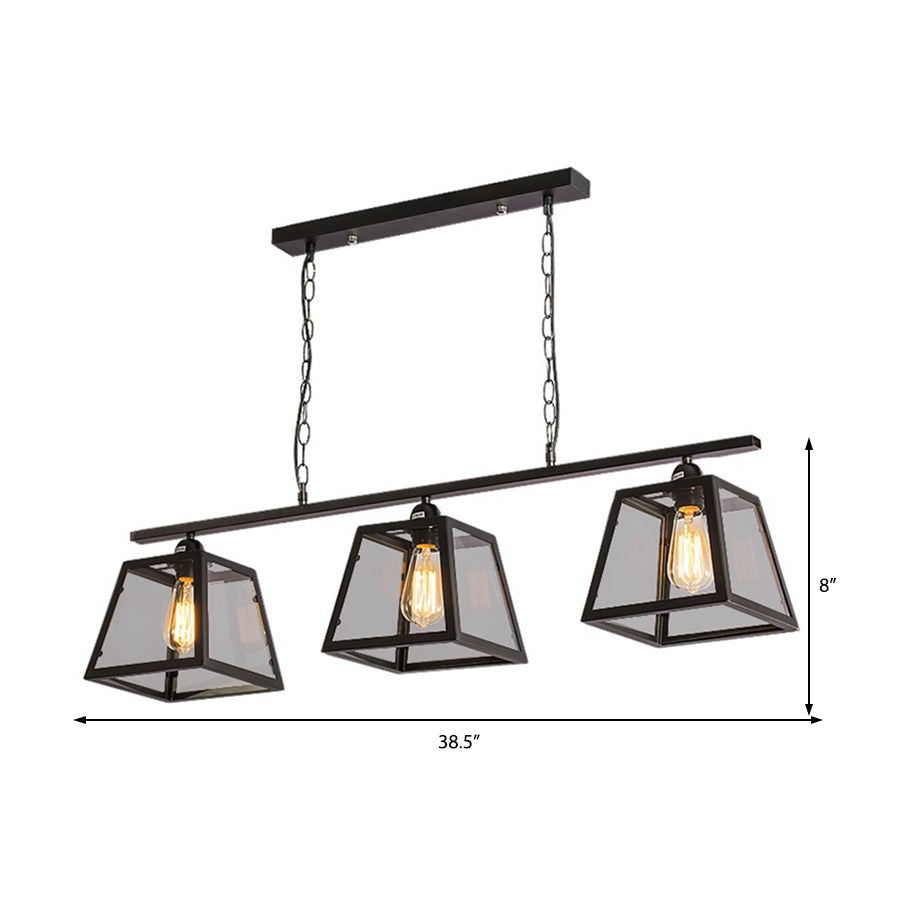 Black 3-Light Island Light Fixture Industrial Clear Glass Trapezoid Pendant Lighting with Chain Clearhalo 'Ceiling Lights' 'Chandeliers' 'Glass shade' 'Glass' 'Island Lights' Lighting' 210772