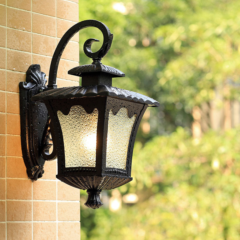 1 Head Wall Light Fixture Vintage Lantern Shaped Seedy Glass Wall Mounted Lamp in Black for Yard Black Clearhalo 'Wall Lamps & Sconces' 'Wall Lights' Lighting' 2107890