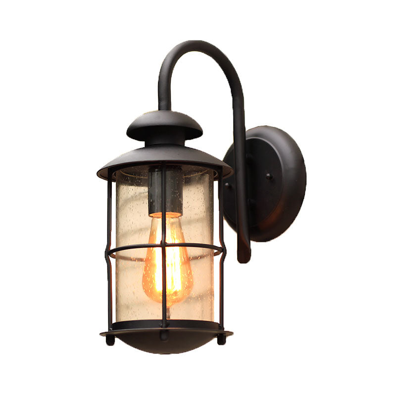 Cylinder Shaped Clear Glass Wall Mount Light Retro 1-Light Outdoor Wall Lighting in Black Clearhalo 'Wall Lamps & Sconces' 'Wall Lights' Lighting' 2107897