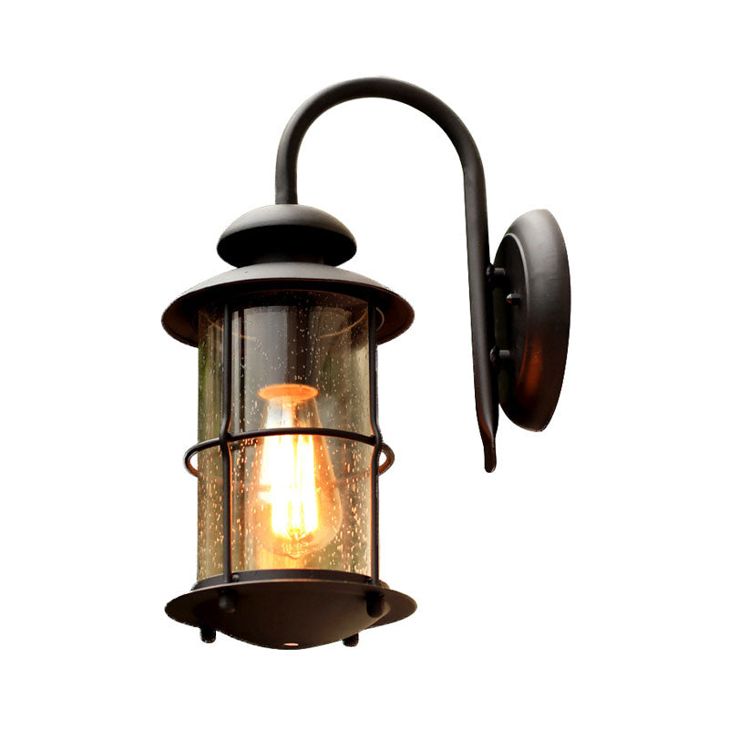 Cylinder Shaped Clear Glass Wall Mount Light Retro 1-Light Outdoor Wall Lighting in Black Clearhalo 'Wall Lamps & Sconces' 'Wall Lights' Lighting' 2107898