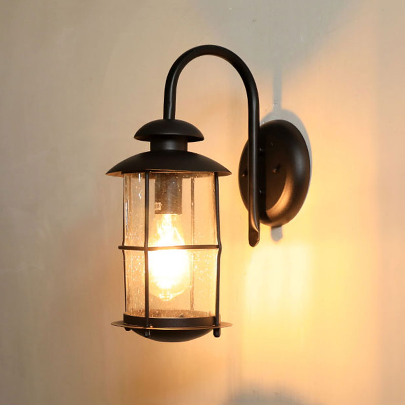 Cylinder Shaped Clear Glass Wall Mount Light Retro 1-Light Outdoor Wall Lighting in Black Clearhalo 'Wall Lamps & Sconces' 'Wall Lights' Lighting' 2107899