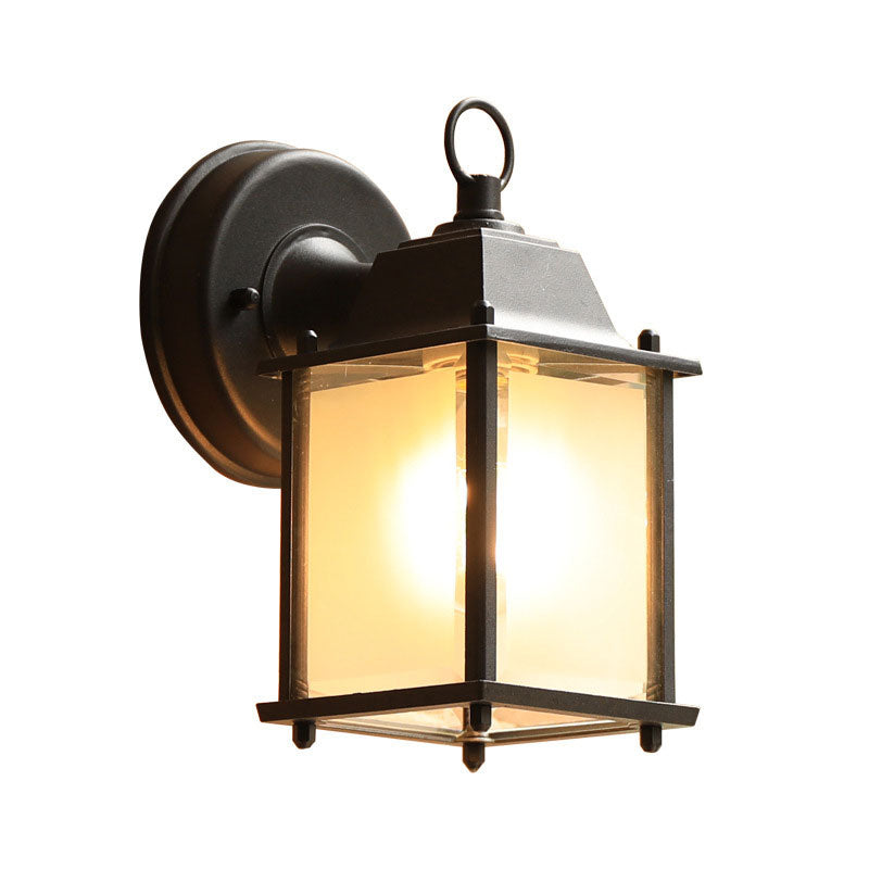 Glass Rectangle Shade Wall Sconce Rustic 1 Bulb Courtyard Wall Light Fixture in Black Black 9" B Clearhalo 'Wall Lamps & Sconces' 'Wall Lights' Lighting' 2107906