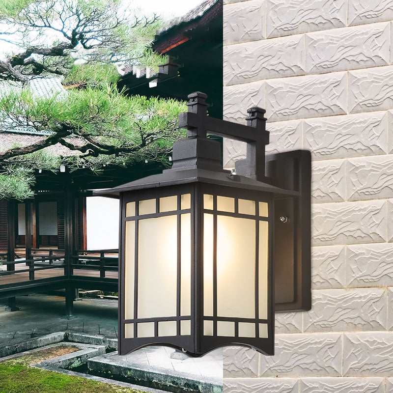 Traditional House Shaped Wall Sconce Single Aluminium Wall Mounted Light with Frost Glass Shade Black Clearhalo 'Wall Lamps & Sconces' 'Wall Lights' Lighting' 2107930