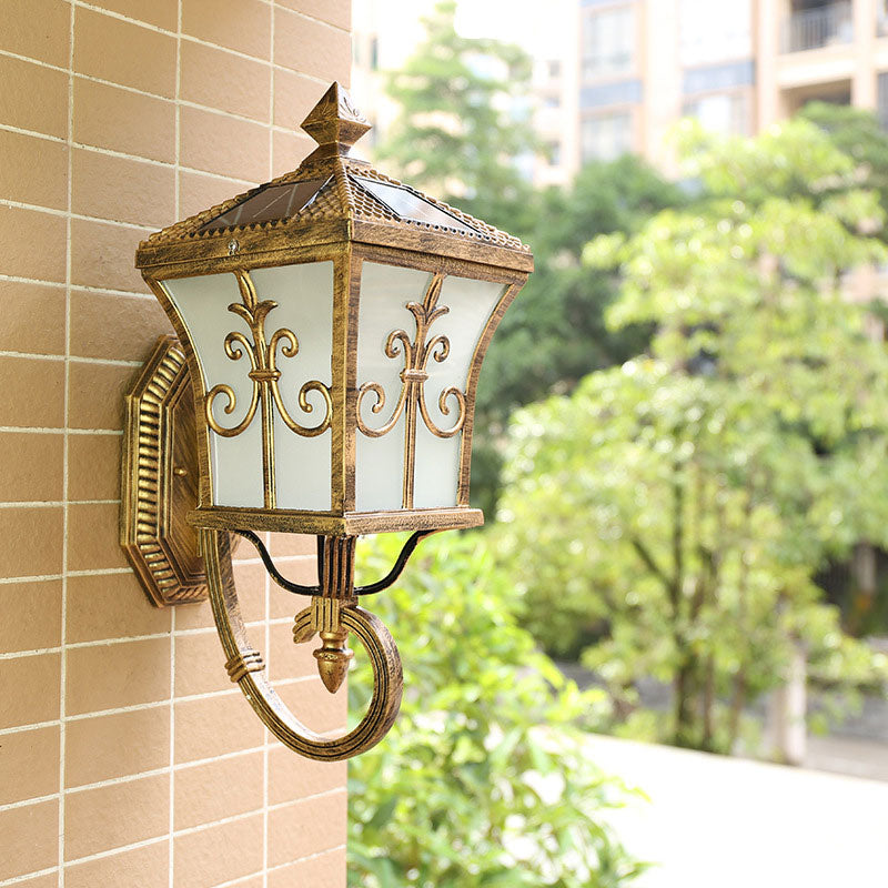 Vintage House Shaped Solar Wall Light Metallic LED Wall Mounted Lamp with Glass Shade for Outdoor Bronze Solar C Clearhalo 'Wall Lamps & Sconces' 'Wall Lights' Lighting' 2107963