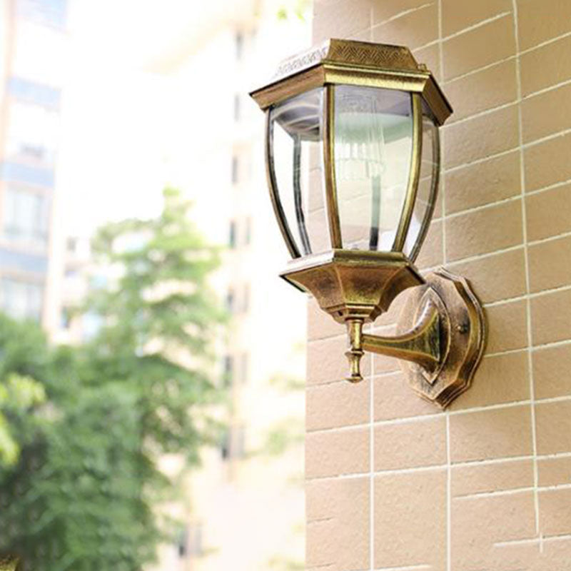 Vintage House Shaped Solar Wall Light Metallic LED Wall Mounted Lamp with Glass Shade for Outdoor Bronze Solar A Clearhalo 'Wall Lamps & Sconces' 'Wall Lights' Lighting' 2107965