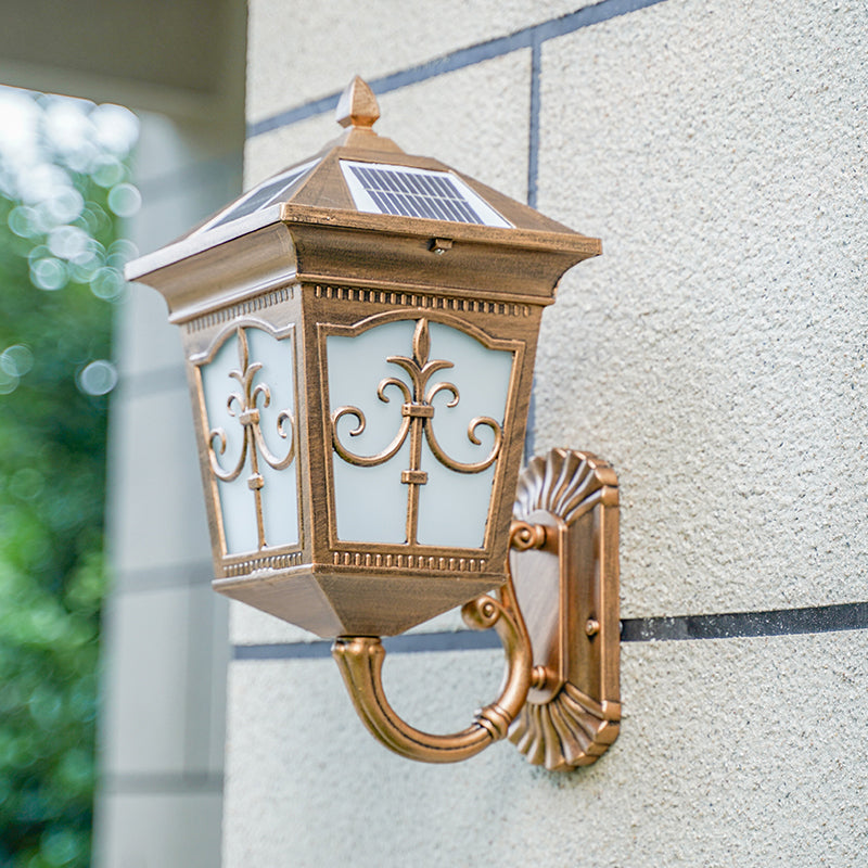 House Shaped Metallic Solar Wall Light Vintage Courtyard LED Wall Mounted Lamp with Frost Glass Shade Bronze Solar A Clearhalo 'Wall Lamps & Sconces' 'Wall Lights' Lighting' 2108013