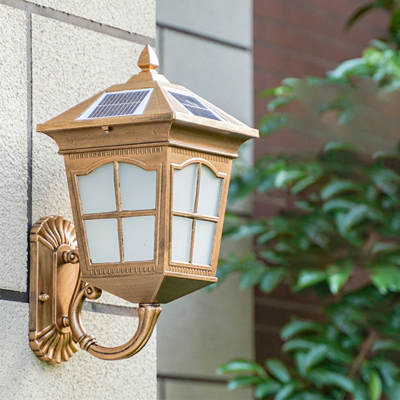 House Shaped Metallic Solar Wall Light Vintage Courtyard LED Wall Mounted Lamp with Frost Glass Shade Bronze Solar B Clearhalo 'Wall Lamps & Sconces' 'Wall Lights' Lighting' 2108021