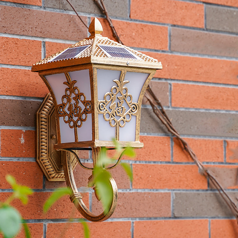 House Shaped Metallic Solar Wall Light Vintage Courtyard LED Wall Mounted Lamp with Frost Glass Shade Bronze Solar C Clearhalo 'Wall Lamps & Sconces' 'Wall Lights' Lighting' 2108023