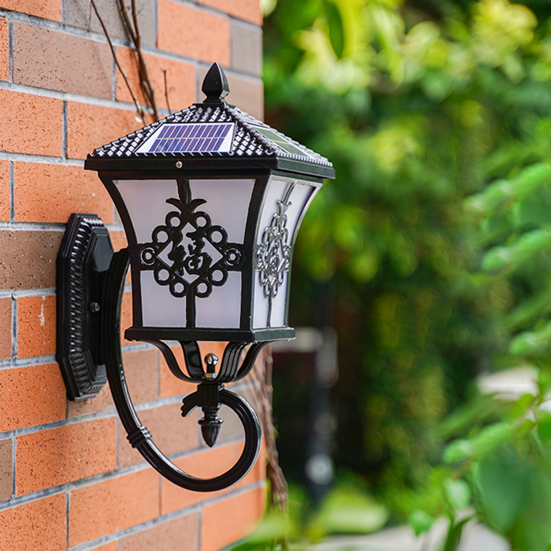 House Shaped Metallic Solar Wall Light Vintage Courtyard LED Wall Mounted Lamp with Frost Glass Shade Black Solar C Clearhalo 'Wall Lamps & Sconces' 'Wall Lights' Lighting' 2108024