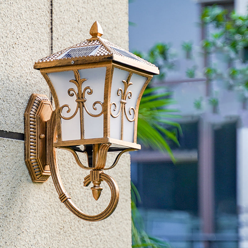 House Shaped Metallic Solar Wall Light Vintage Courtyard LED Wall Mounted Lamp with Frost Glass Shade Bronze Solar D Clearhalo 'Wall Lamps & Sconces' 'Wall Lights' Lighting' 2108025