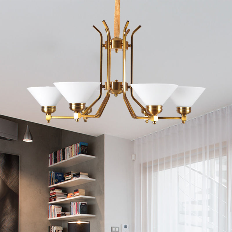 Cone White Glass Chandelier Lighting Traditional 3/6 Lights Living Room Pendant Lighting in Gold 6 Gold Clearhalo 'Ceiling Lights' 'Chandeliers' Lighting' options 210806_36503f68-6242-42df-9859-d2e660a21e40
