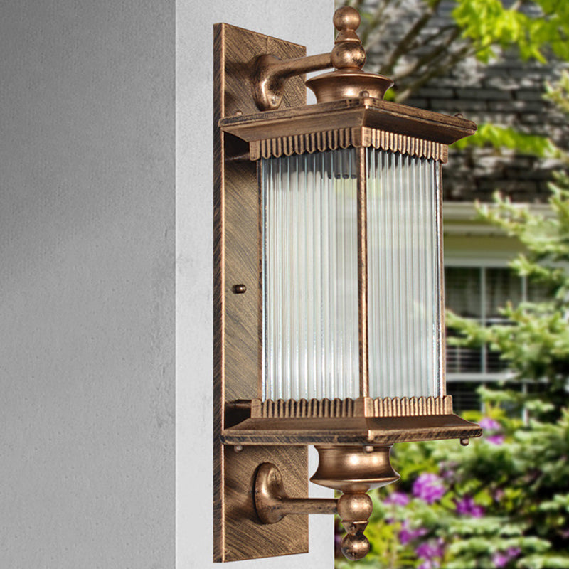 Vintage Rectangle Wall Light Fixture Single-Bulb Ribbed Glass Wall Mounted Lamp for Yard Bronze Clearhalo 'Wall Lamps & Sconces' 'Wall Lights' Lighting' 2108083